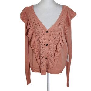 Lauren Conrad Pink Ruffle Pointelle Cardigan NWT Size XL Pink Cardigan